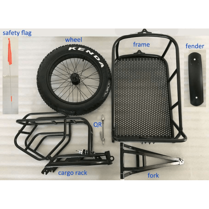 TRAILER - 20" x 4" (FAT) Single Wheel with Suspension, open cargo hold & Pannier Racks. Steel Frame.MAXIMUM LOAD: 45kg MAX SPEED LOADED: 40kph