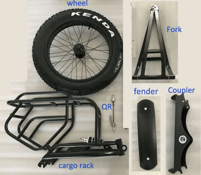 20" x 4" (FAT) Single wheel Cargo Trailer with Suspension & Pannier Racks. Steel Frame.MAXIMUM LOAD: 45kg MAX SPEED LOADED: 40kph