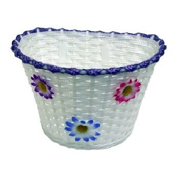 Flinger Kids White Woven Bike Basket with Lilac/Purple Strip & Flowers for 12-16" Bikes