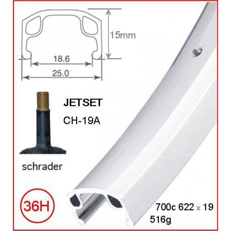 Jetset CH-19A 700c Rim - 36H, Schrader Valve, Rim Brake, Silver