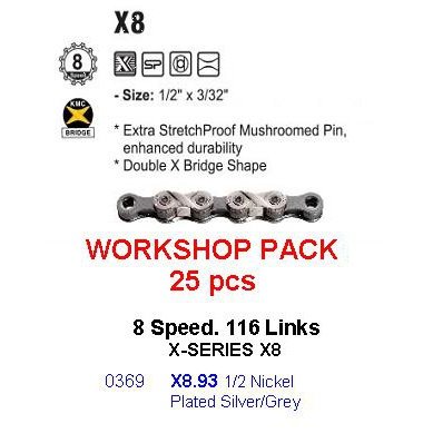 KMC X8.93 Chain Workshop Box - 6-8 Speed, 116L, Silver/Grey, 25 Chains & Connect Link