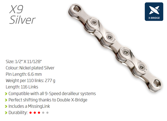 KMC X9 9-Speed Chain with Connect Link - Silver