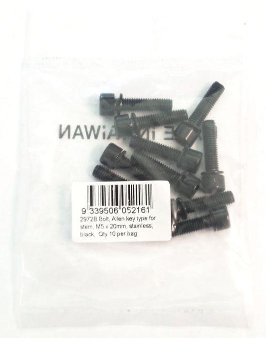 M5 Black Stainless Steel Stem Bolt - 20mm Allen Key Pack of 10