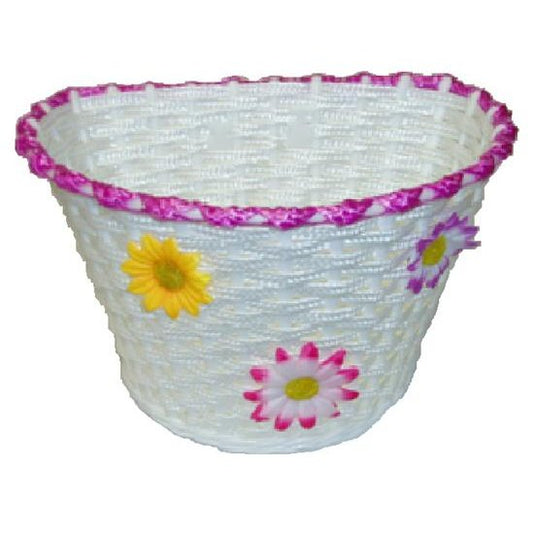 Flinger Kids White Woven Bike Basket with Magenta Strip & Flowers for 12-16" Bikes