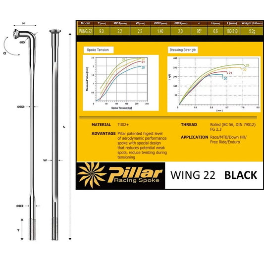 Pillar AERO Spoke PSR WING22 - J-Hook, Stainless, Black
