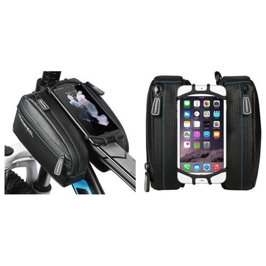 SAHOO Top Bar Bag with Rotating Phone Holder - Black, Top Tube Mount, 2 Main Pockets, Velcro Straps - Ideal for Cycling.
