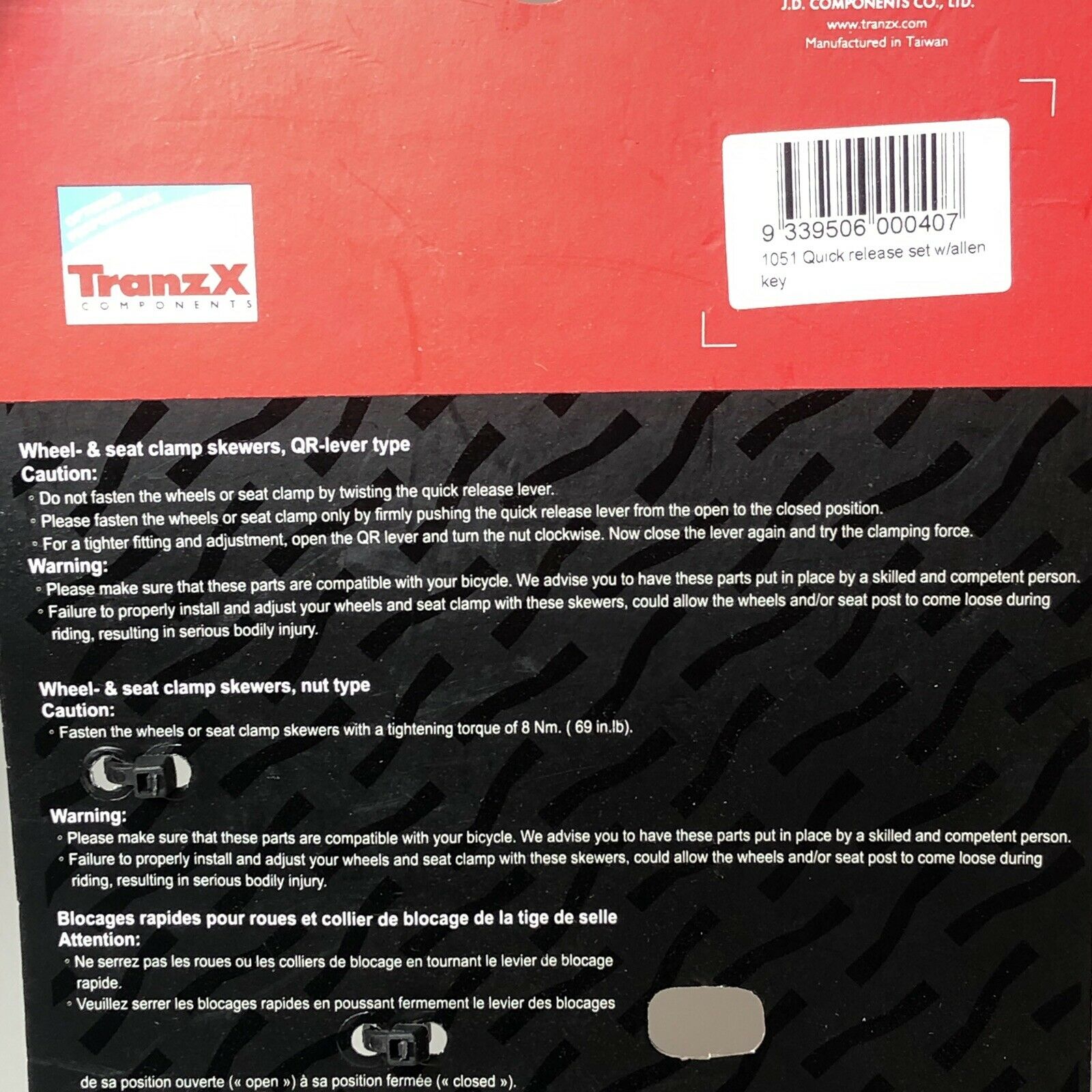 TRANZ X - Bike Axle Security Skewer Lock Quick Release Wheel Mtb/Road Black QR